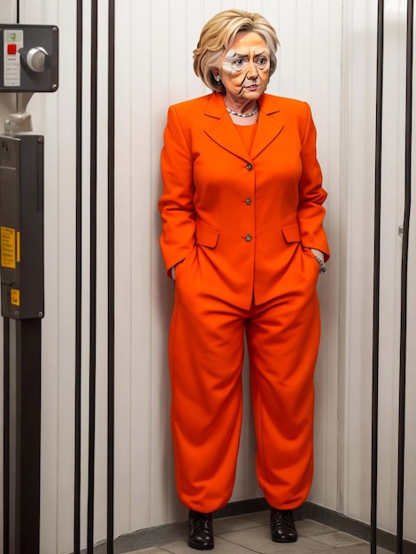 Hillary Clinton in orangefarbenem Gefängnisanzug in einem Gefängnis