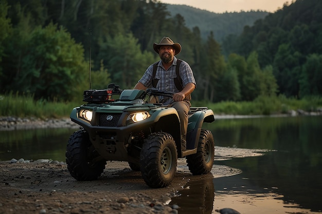 Hillbilly steht neben seinem grünen Honda Jeep Rubicon ATV und Appalachian im Sommer mit Lichtern, die in der Dämmerung reflektieren