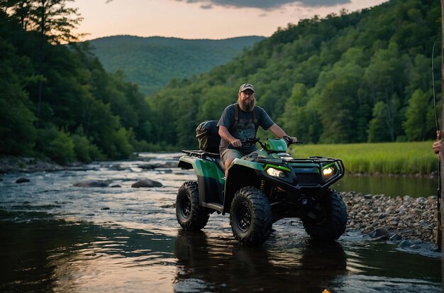 Hillbilly steht neben seinem grünen Honda Jeep Rubicon ATV und Appalachian im Sommer mit Lichtern, die in der Dämmerung reflektieren