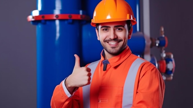 Hilmet, um engenheiro de uniforme e capacete, sorriu e deu um joinha Generative AI