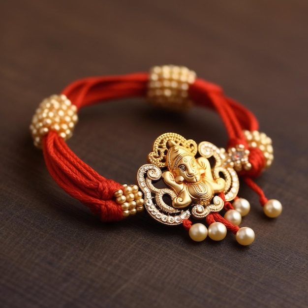 Hilos rojos y diseño dorado de Ganeshji Rakhi