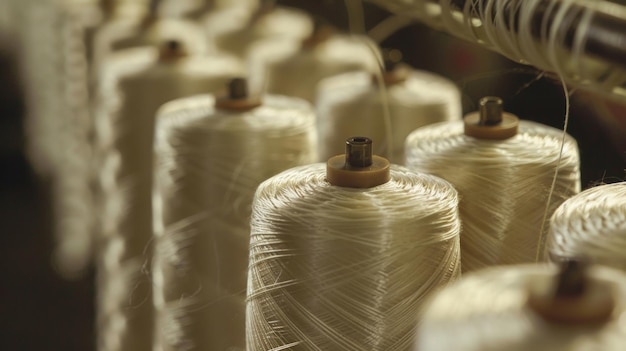 Foto los hilos de seda blancos y brillantes son cuidadosamente ordenados y colocados en bobinas por obreros hábiles