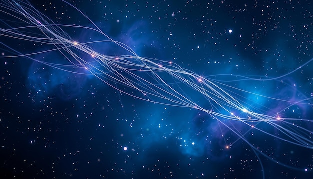 Los hilos de seda se extienden a través de una nebulosa cada hilo brillando débilmente con colores iridescentes