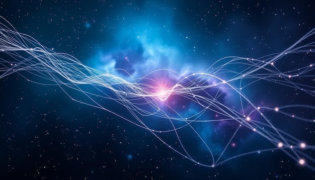 Los hilos de seda se extienden a través de una nebulosa cada hilo brillando débilmente con colores iridescentes