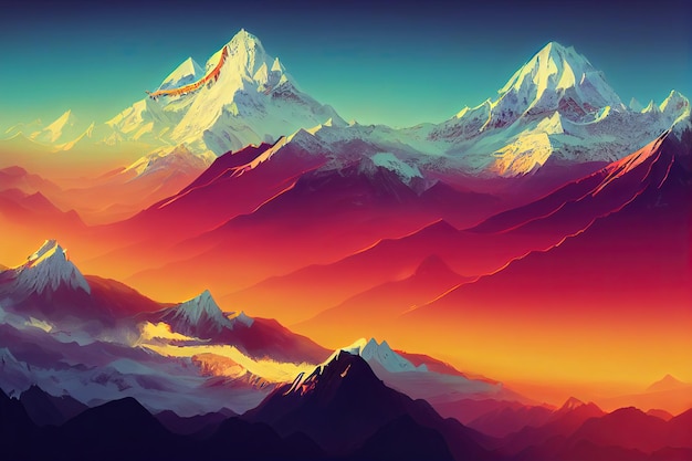 Himalaia Nepal Casa de montanhas cobertas de neve bandeiras de oração coloridas e montanha Everest