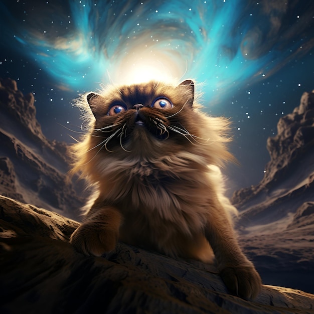 Himalaya-Katze mit Galaxie und Sternen im Hintergrund