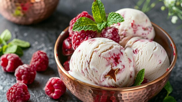 Foto himbeer-eisbecher in einer kupferschüssel