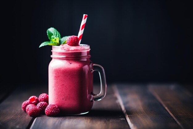 Foto himbeer-smoothie in einem glas mit strohhalm