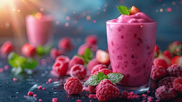 Himbeer-Smoothie mit frischen Himbeeren und Minze auf dunklem Hintergrund