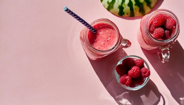 Himbeer-Smoothies in einem Glas Süßes und gesundes Getränk Sommergetränke Flachlage