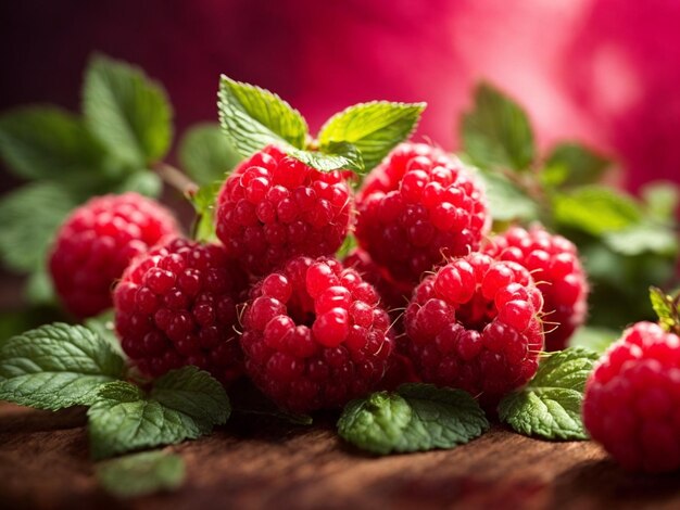 Foto himbeeren auf einem holztisch mit blättern