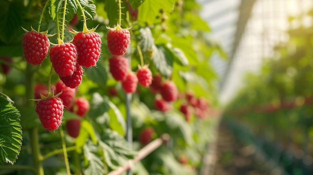 Himbeeren, die in einem Gewächshaus wachsen