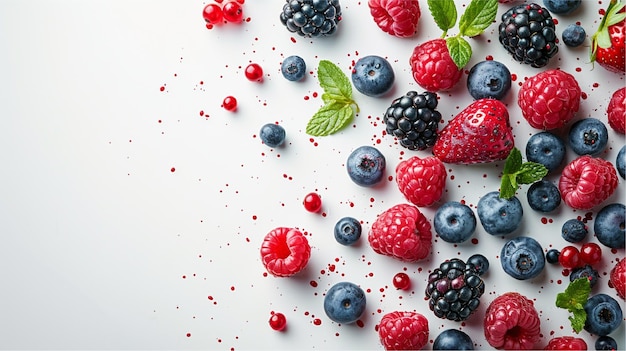 Foto himbeeren, himbeeren und blaubeeren auf weißem hintergrund