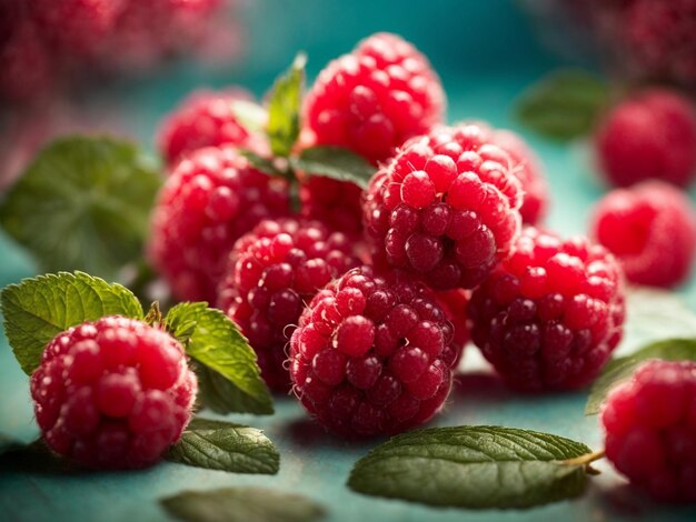 Himbeeren, Himbeeren und grüne Blätter auf blauem Hintergrund.