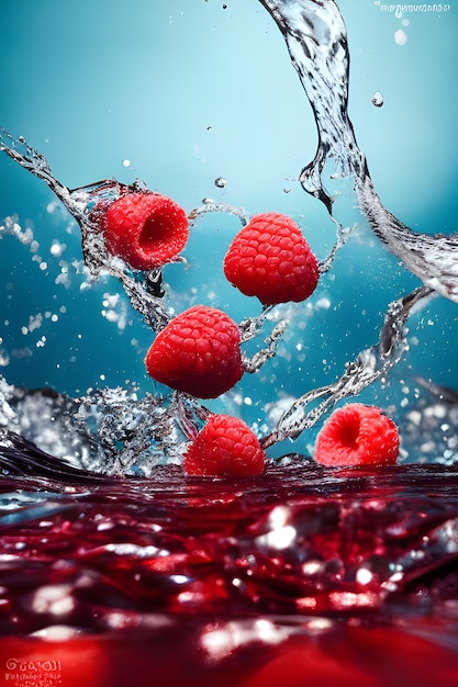 Himbeeren im Wasser mit blauem Hintergrund