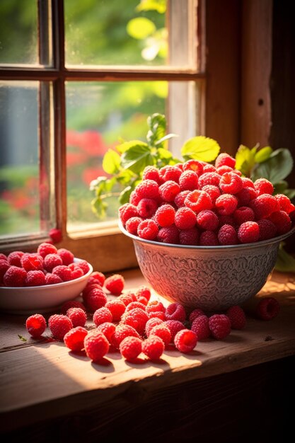 Himbeeren in einer Schüssel am Fenster