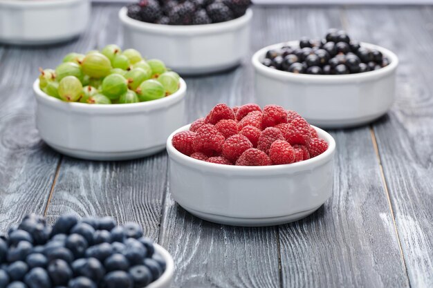 Himbeeren in einer weißen Schüssel Heidelbeeren Stachelbeeren Himbeeren schwarze Johannisbeeren Nahaufnahme erschossen