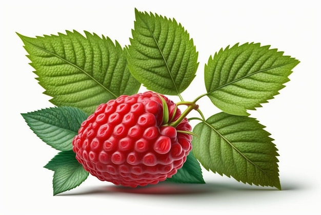 Himbeeren mit Blättern isoliert auf weißem Hintergrund generative ai