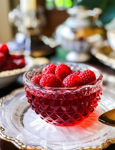 Himbeerenmarmelade und Himbeeren in einer Kristallschüssel, ländliche Speisen und englische Rezepte Idee für Menü, Food Blog und Kochbuch Inspiration