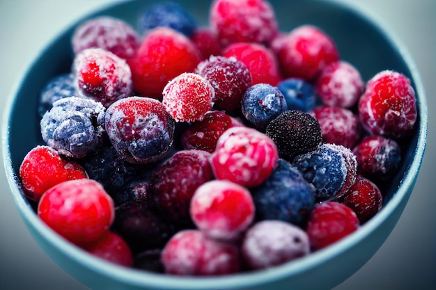 Himbeerkirschen und gefrorene Beeren in der Schüssel auf dem Tisch