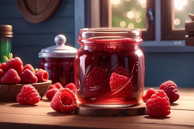 Foto himbeermarmelade in einem glas auf einem holztisch, hausgemachte marmelade
