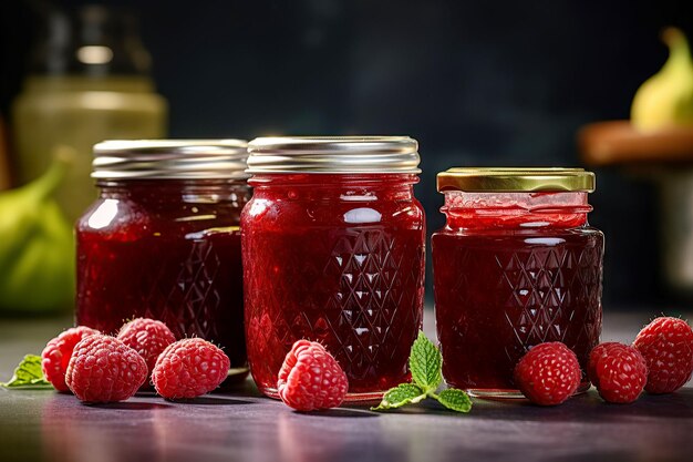 Himbeermarmelade mit Beeren auf hölzernem Hintergrund