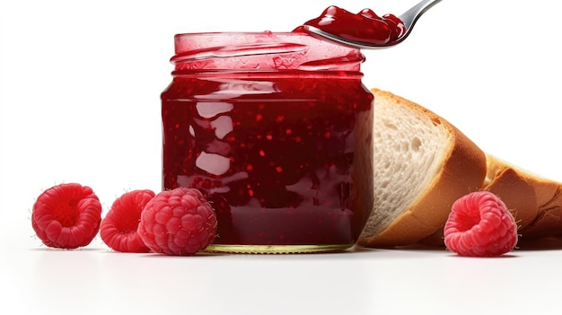 Foto himbeermarmelade mit isolierten himbeerbeeren auf weißem hintergrund