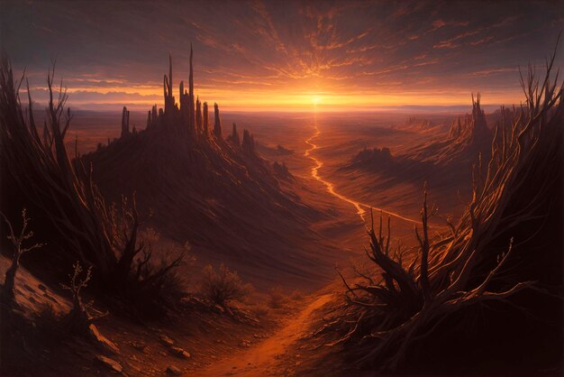 Himmel bei Sonnenuntergang mit Blick auf die staubige, trockene Mesa-Wüste bei Sonnenundergang Generative KI