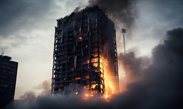 Himmelhohes Feuer und Rauch umhüllen einen Wolkenkratzer, der zerstörerische Macht und Unruhe symbolisiert