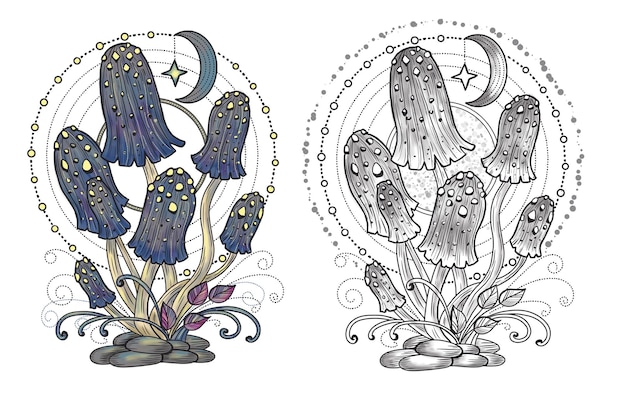 Himmlische mystische Pilze mit magischen und floralen dekorativen Designelementen