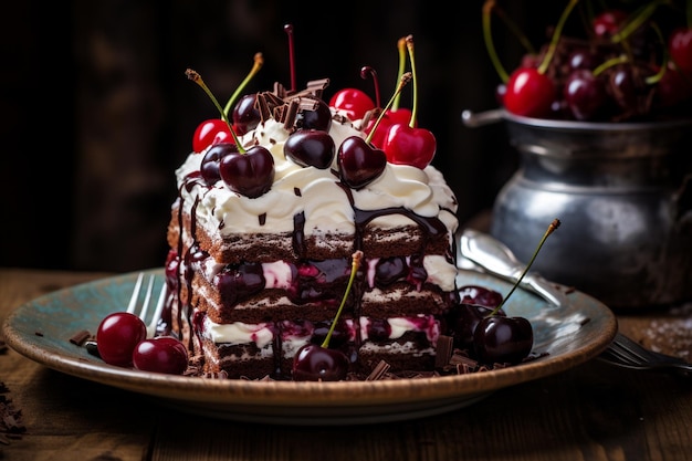 Himmlische Schichten Nahaufnahme Freude am lebendigen Schwarzwaldkuchen