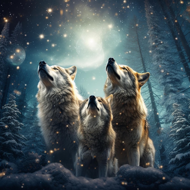 Himmlische Wächter Ein Trio majestätischer Wölfe, geschmückt mit ätherischen Sternbildern, die unter einem vom Mond erleuchteten Himmel heulen