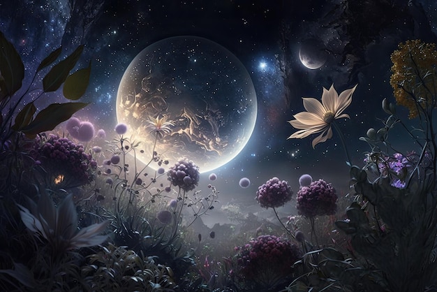 Himmlischer Garten voller atemberaubender Himmelsobjekte, einschließlich der Galaxie Cosmos, einem anderen Planeten