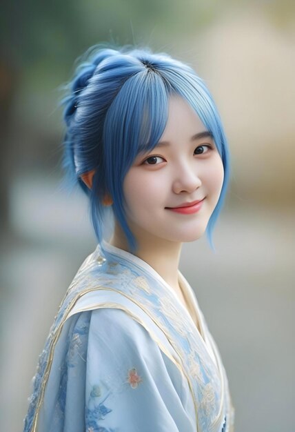 Hinamatsuri de la chica japonesa con el cabello azul