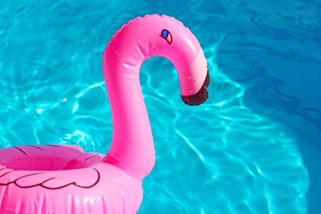 Hinchable de flamenco rosado en piscina