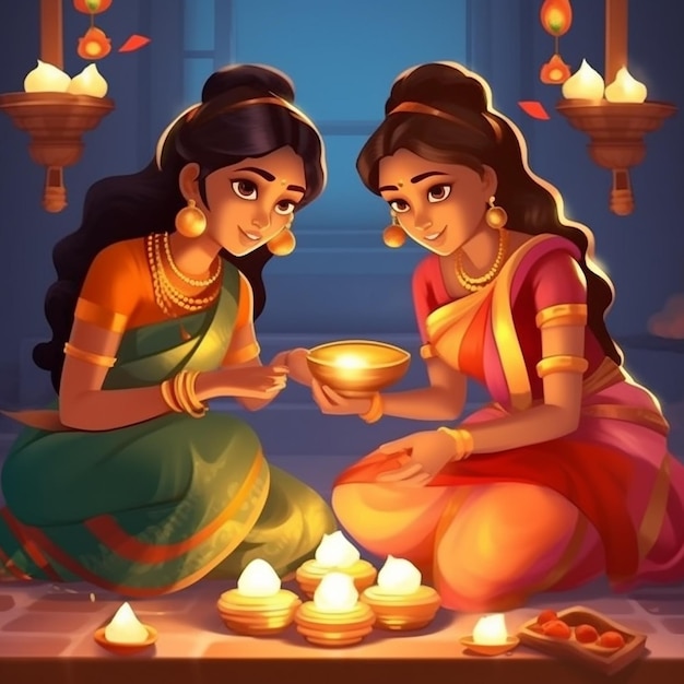 Hindu, duas mulheres, em, saree, relâmpago, lâmpada óleo, diwali, fundo, vetorial, ilustração