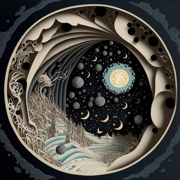 Hinreißende Papierschnitt-Illustration Sternennacht mit leuchtendem Mondlicht