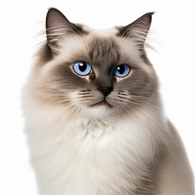 Hinreißendes ragdoll entzückendes Katzenporträt auf weißem isoliertem Hintergrund