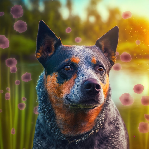 Hinreißendes realistisches Australian Cattle Dog-Porträt mit Hintergrund im Freien