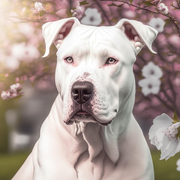 Hinreißendes realistisches Dogo-Argentino-Porträt im natürlichen Hintergrund im Freien