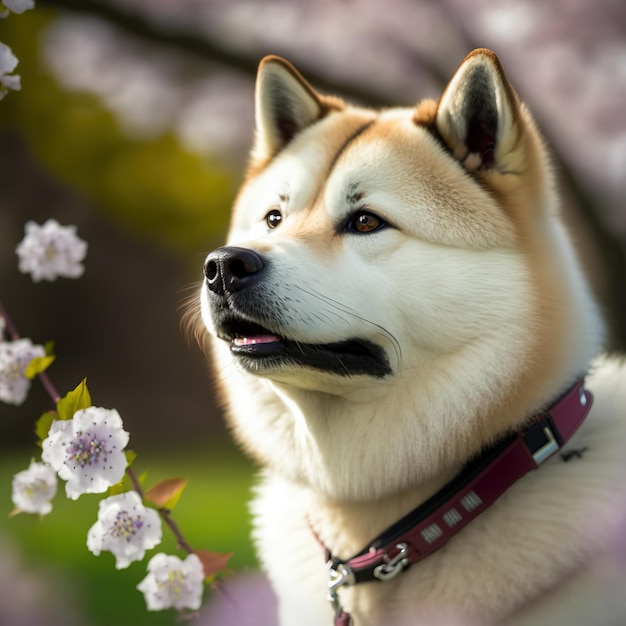 Hinreißendes realistisches Porträt von Akita Inu mit Blumen- und Außenhintergrund