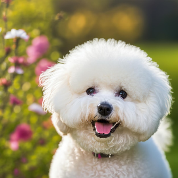 Hinreißendes realistisches Porträt von bichin frise Hund im Naturhintergrund