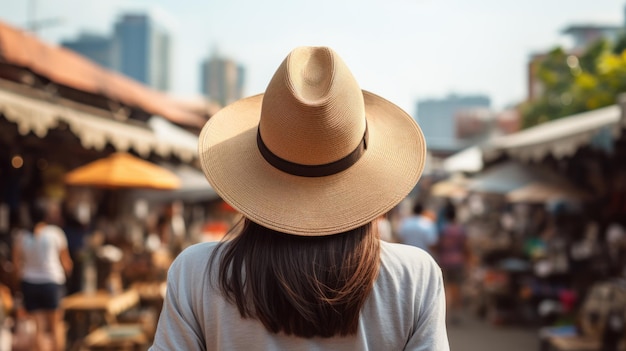 Hinter den Kulissen Aufnahme eines jungen asiatischen Rucksacktouristen mit Hut auf dem Outdoor-Markt Khao San Road in Bangkok