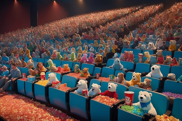 Hinter den Kulissen des Bären-Kinos Freudige Eisbären genießen eine Gummi-Bär-Komödie in einem hochmodernen Kino