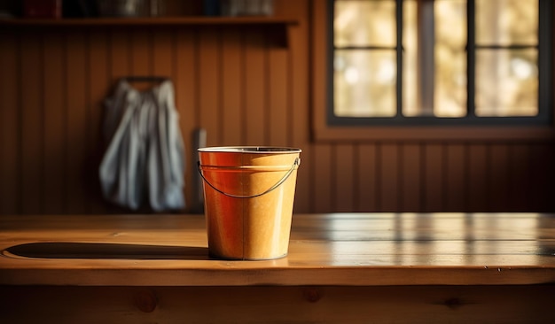 Hinter den Kulissen reinigt ein Eimer auf einem Holztisch in einer Bar