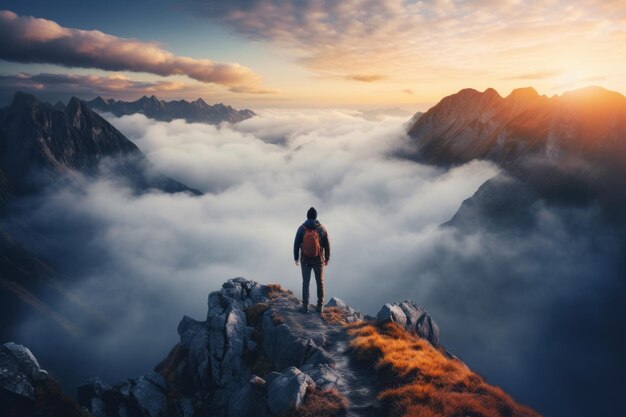 Hinter den Wolken Der Triumph eines Bergsteigers auf dem Gipfel