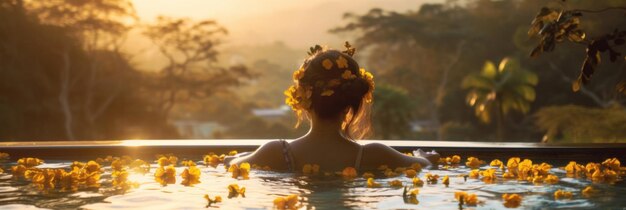 Foto hinter einer frau mit blumen im haar, die sich im infinity-pool mit blick auf den dschungel entspannt