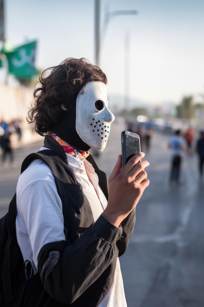 Hinterbild eines maskierten Demonstranten, der draußen sein Handy benutzt