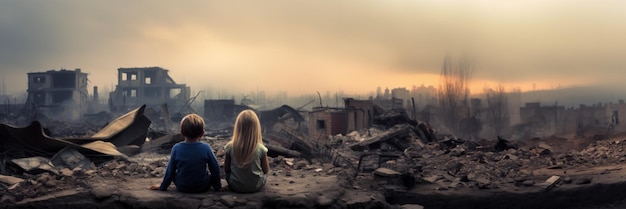Foto hinterbild von kindern vor dem hintergrund zerstörter gebäude generative ki