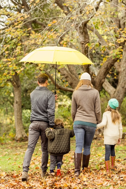 Hintere Ansicht der jungen Familie unter Regenschirm